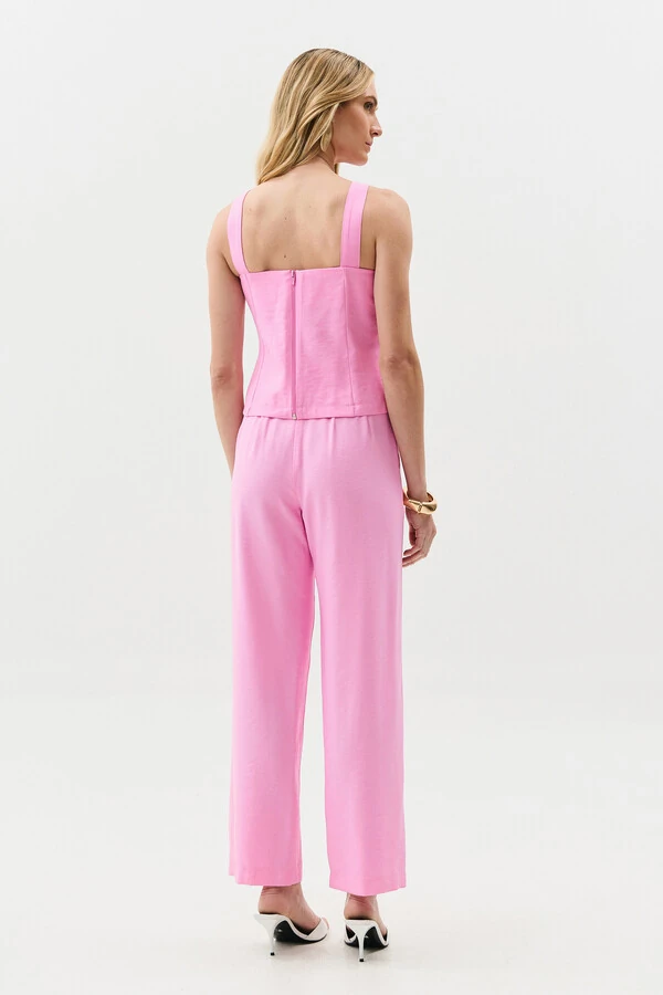 Conjunto de Alfaiataria Blusa de Alça Crop Assimétrica Lateral Franzida e Calça Reta Botão Forrado