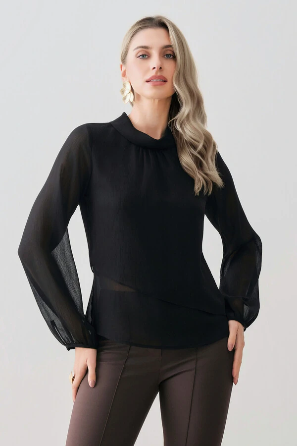 Blusa Dupla Transpassada Assimétrica de Chiffon Yoryu Manga Longa Gola Dobrada
