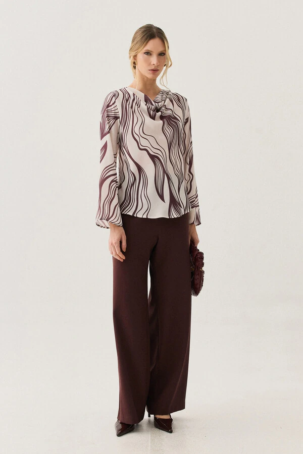 Blusa Abstrata Manga Longa Flare Decote Drapeado (cópia)