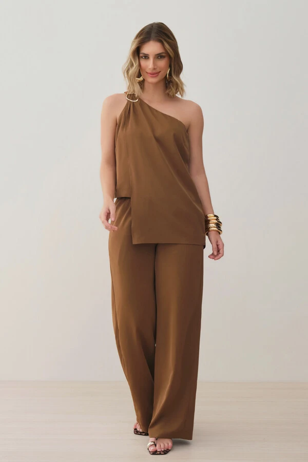 Conjunto de Blusa Regata Dupla Assimétrica Um Ombro Só Gold e Calça Pantalona Elástico