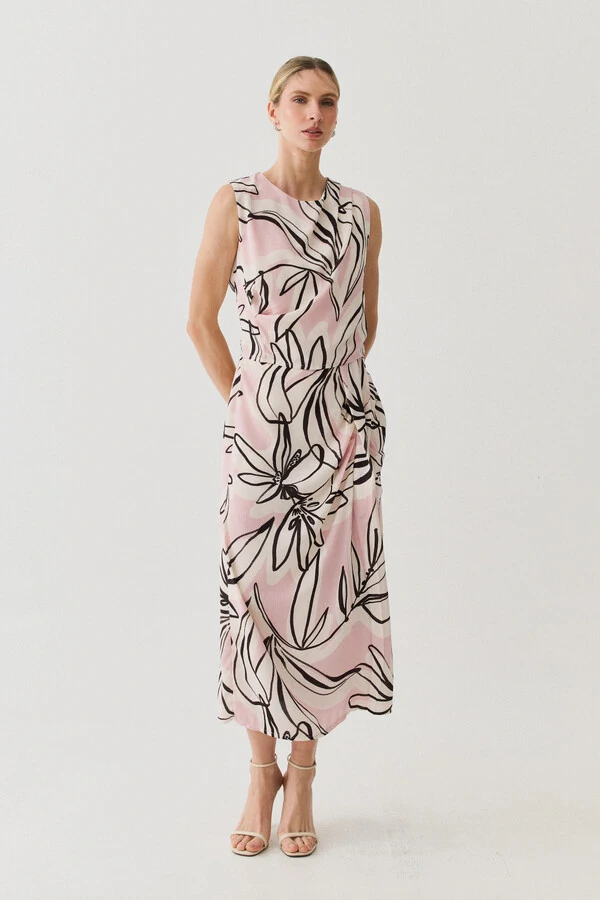 Conjunto Assimétrico Floral de Regata Crop Pregas Double e Saia Midi Pregas
