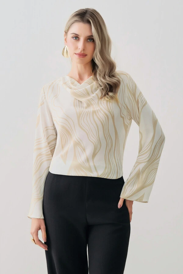 Blusa Abstrata Manga Longa Flare Decote Drapeado (cópia)