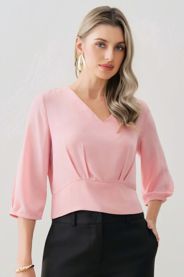 Blusa Crop Manga 3/4 Decote V Cintura Pregas Double