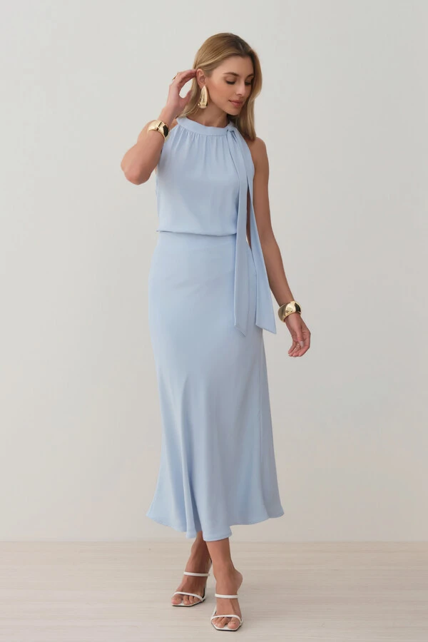 Conjunto de Blusa Regata Frente Única Laço e Saia Midi Evasê