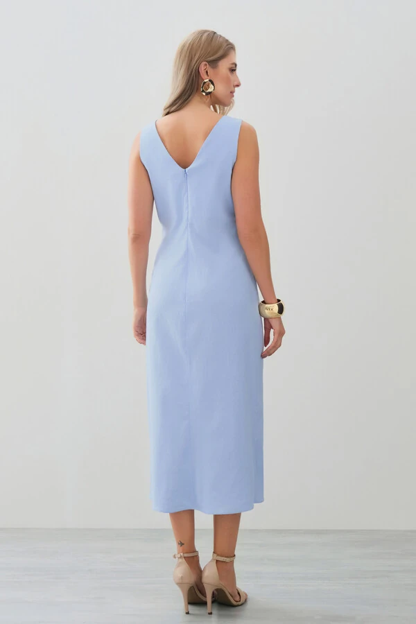 Vestido Midi Regata Transpassado de Linho Lateral Franzida Gold