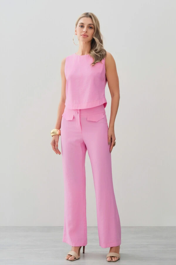 Conjunto de Alfaiataria de Blusa Regata Crop Recorte Calça Reta Aba Botões Forrados Double