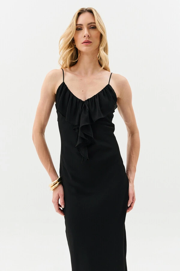 Vestido Longo de Alcinha de Chiffon Yoryu Decote V Babado Laço
