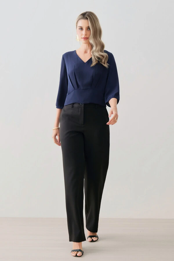 Blusa Crop Manga 3/4 Decote V Cintura Pregas Double