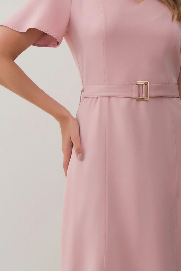 Vestsido Midi Decote V Cinto Fivela Gold