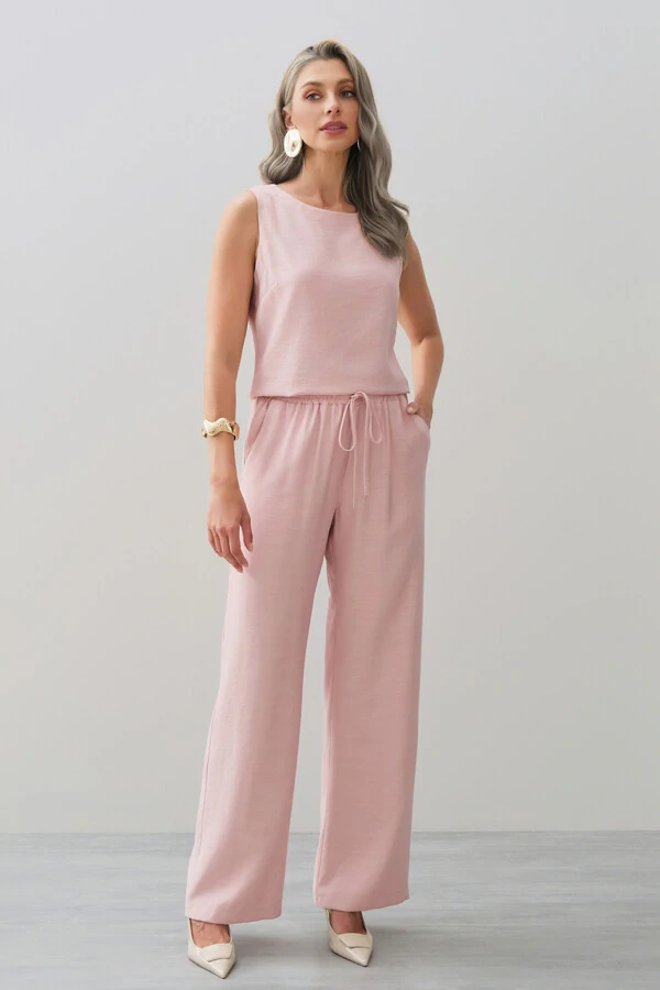 Conjunto de Blusa Regata Crop Pence e Calça Reta Cintura Elástico Laço