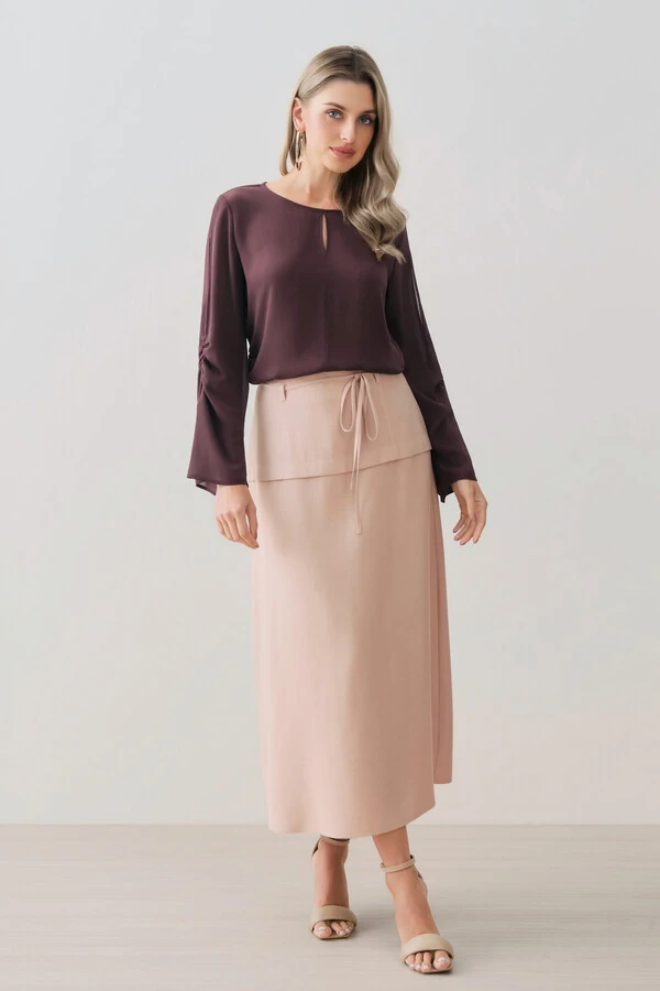 Blusa de Chiffon Yoryu Decote Gota Manga Longa Evasé Cut Out Franzida