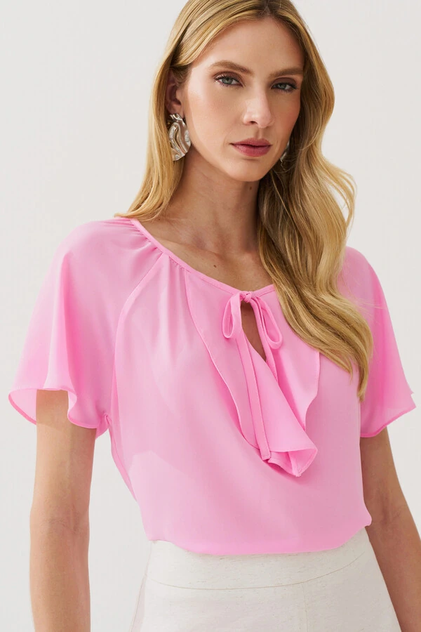Blusa Manga Raglan Decote Babado Laço