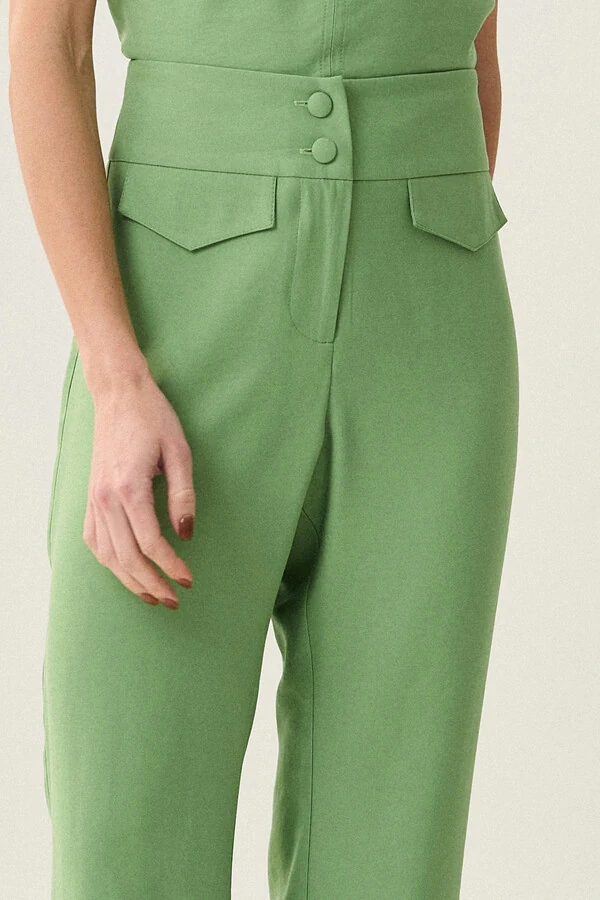 Conjunto de Alfaiataria de Blusa Regata Crop Recorte Calça Reta Aba Botões Forrados Double