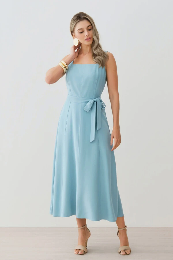 Vestido Midi de Alça Larga de Alfaitaria Decote Quadrado Recortes Cinto