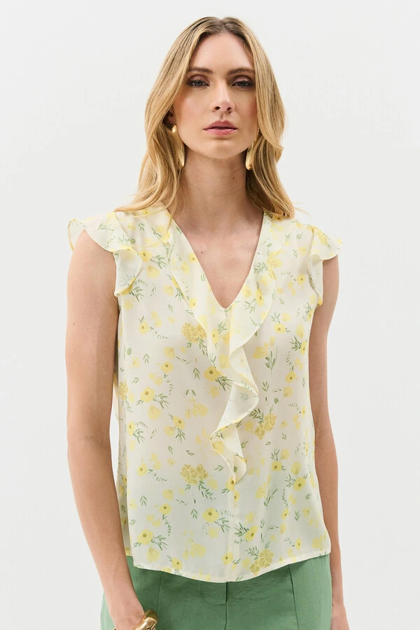Regata Floral Decote V Ombro Babados