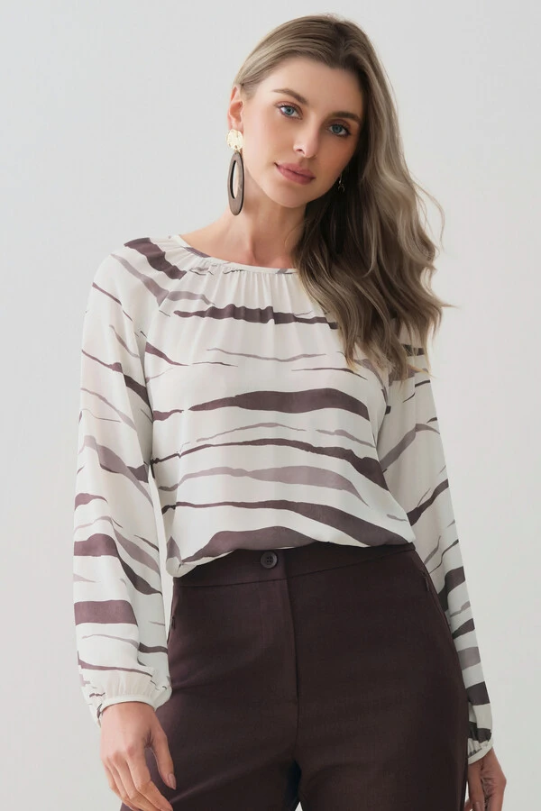 Blusa Zebra Abstrata Manga Longa Raglan Decote Franzido