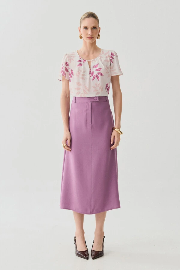 Saia Midi Evasê Botão Forrado