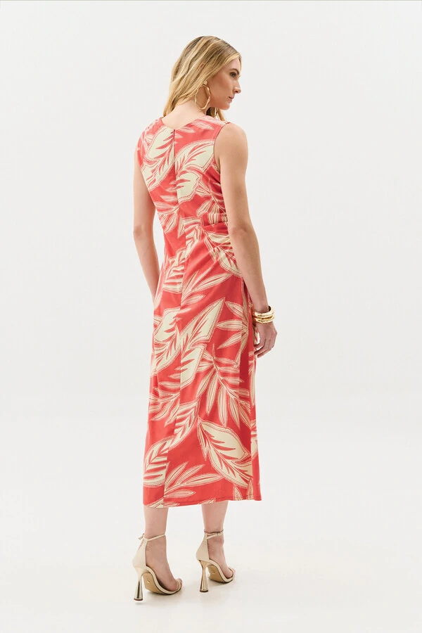 Vestido Midi Regata Assimétrico Drapeado Folhagem Ombro Lateral Franzidos