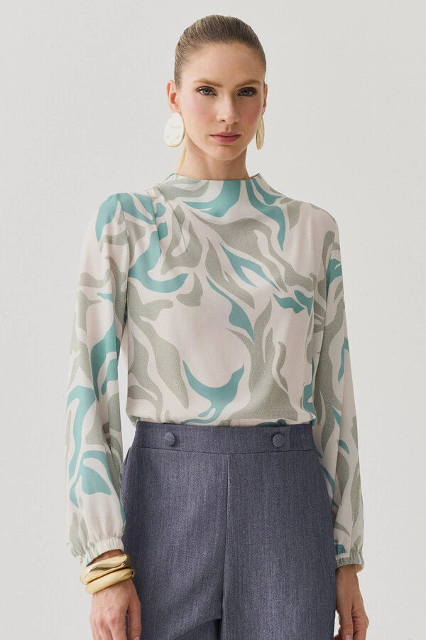 Blusa Assimétrica Abstrata Manga Longa Punho Double Gola Careca Baixa Ombro Direito Pregas Double