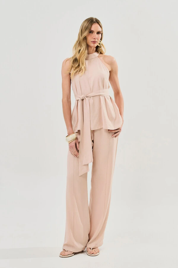 Conjunto de Blusa Regata Frente Única Faixa e Pantalona Nervura