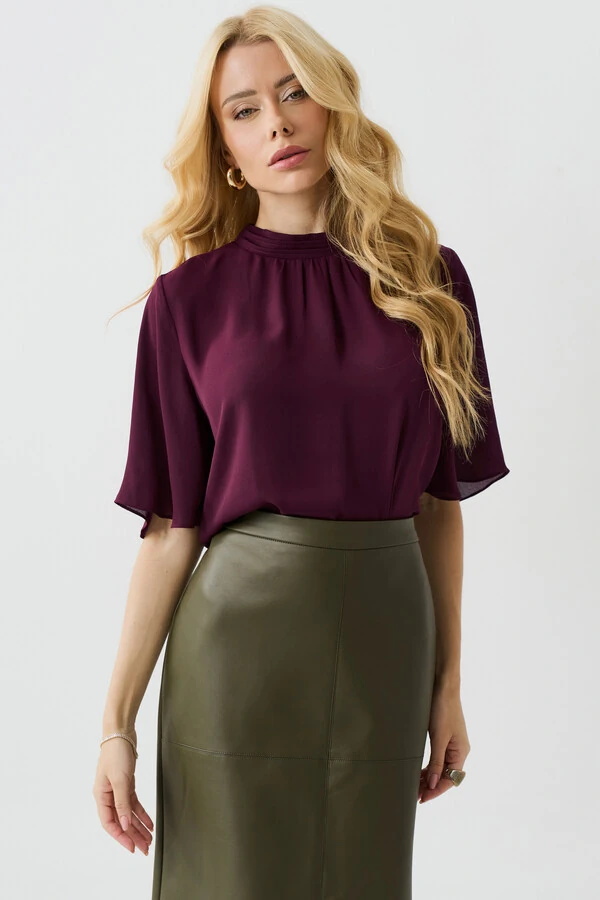 Blusa Manga Evasê Gola Baixa Pregas Triple Franzido