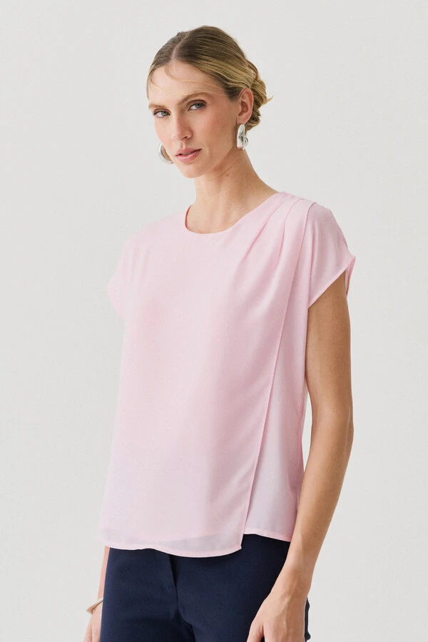 Blusa Dupla Assimétrica Transpassada Manga Morcego Ombro Esquerdo Pregas Triple