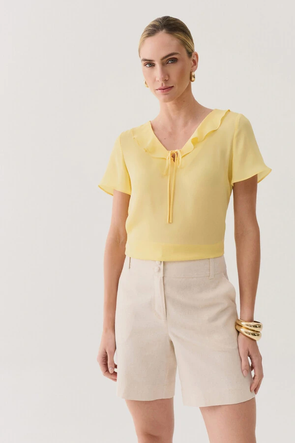 Blusa Decote V Babado Laço