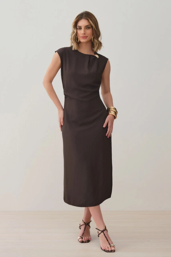 Vestido Midi Regata Assimétrica Decote Pregas Gold