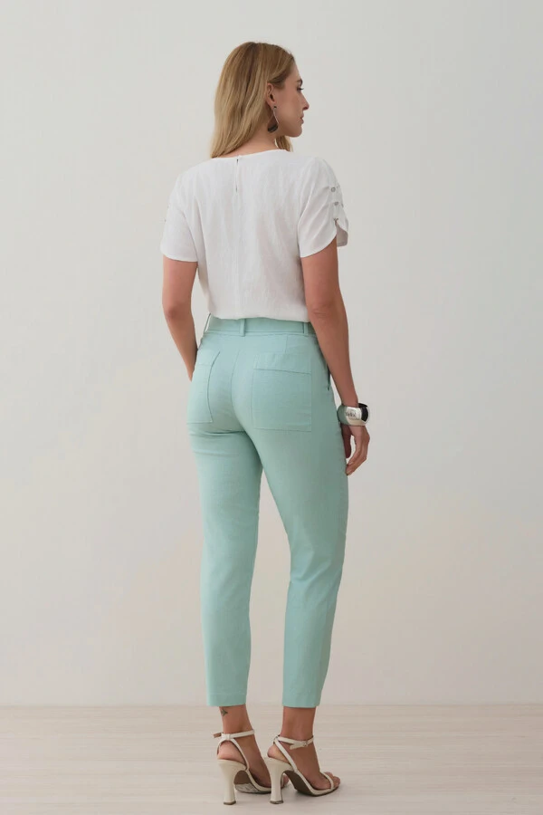 Calça Cigarrete de Linho Pregas Passante Double Cinto Listrado