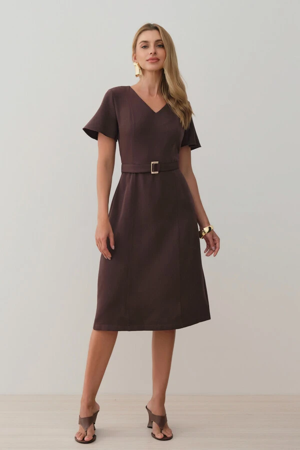 Vestsido Midi Decote V Cinto Fivela Gold