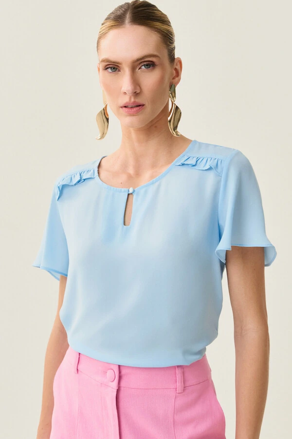 Blusa Decote Gota Vazado Mini Botão Ombro Babadinho