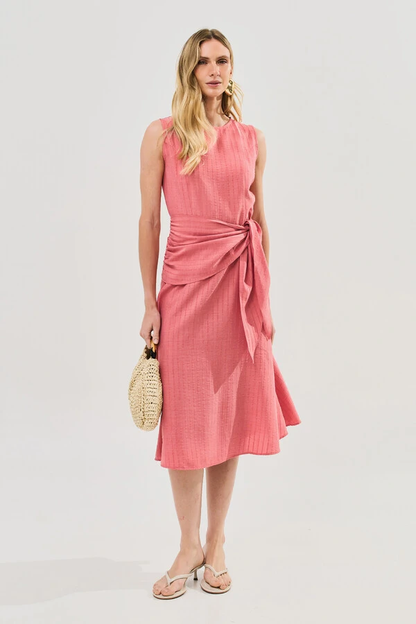 Vestido Midi Regata de Textrua Listrada Cintura Faixa Franzida