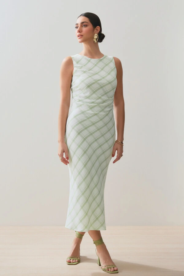 Vestido Midi Regata Xadrez Lateral Franzida