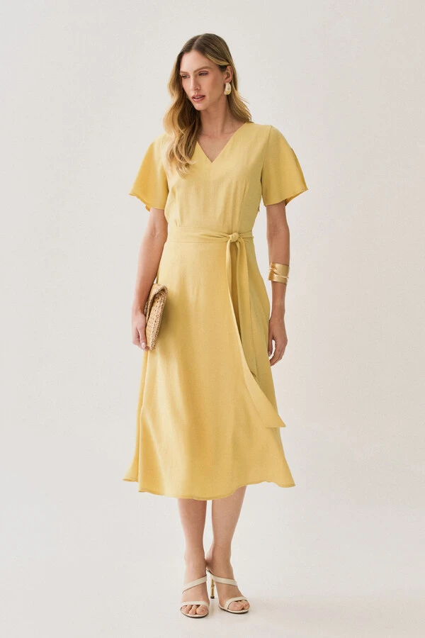 Vestido Midi Evasê Manga Abertura Decote V Cinto
