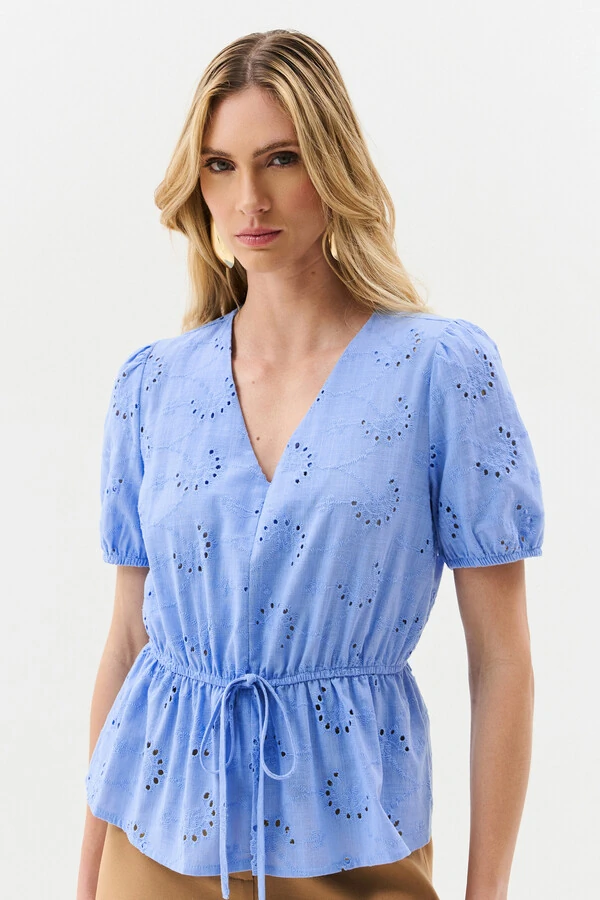 Blusa de Laise de Algodão Manga Bufante Elástico Decote V Cintura Elástico Laço