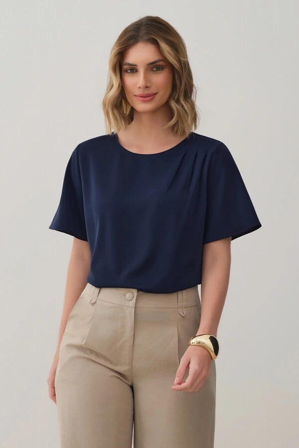 Blusa Assimétrica Pregas Ombro Esquerdo