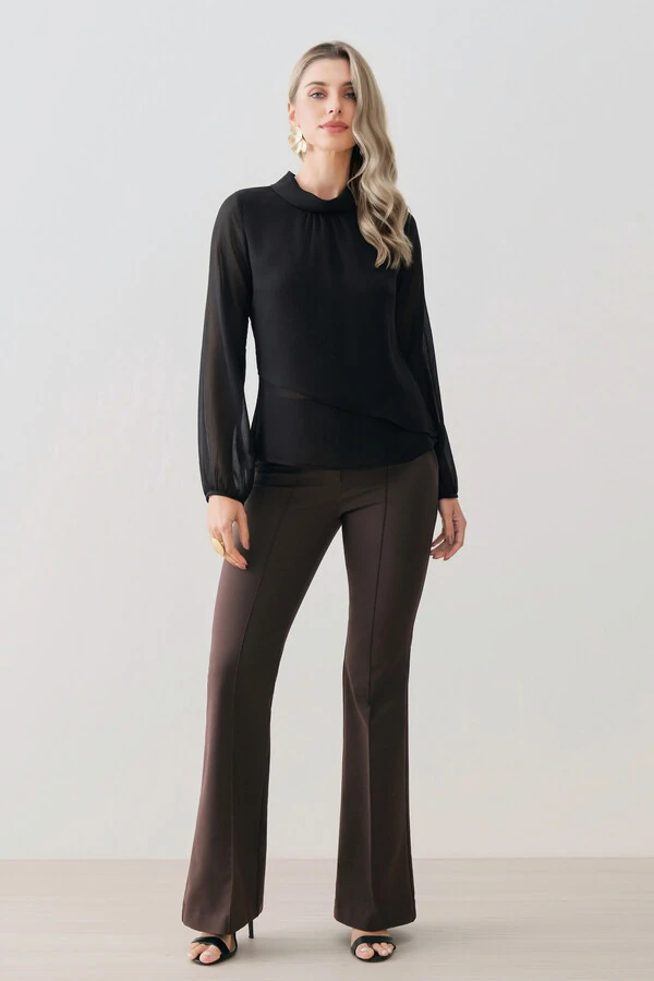 Blusa Dupla Transpassada Assimétrica de Chiffon Yoryu Manga Longa Gola Dobrada