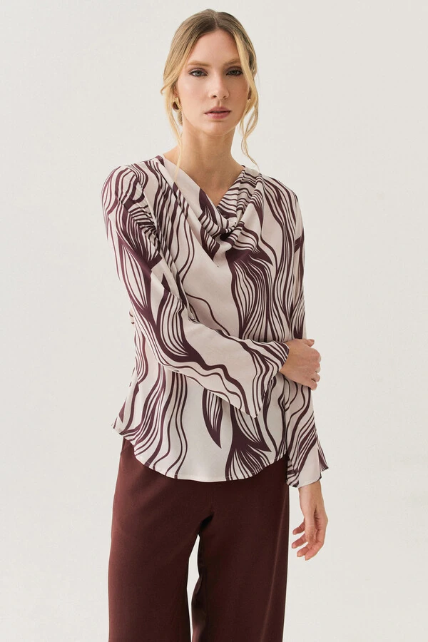 Blusa Abstrata Manga Longa Flare Decote Drapeado (cópia)