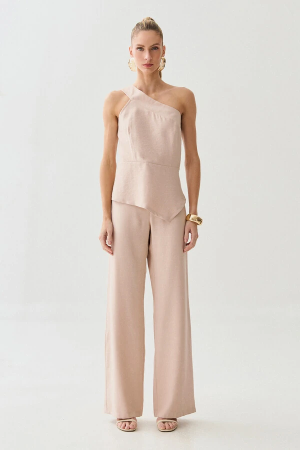 Conjunto de Blusa Regata Assimétrica Um Ombro Só Recorte Cintura e Calça Wide Leg Botão Forrado