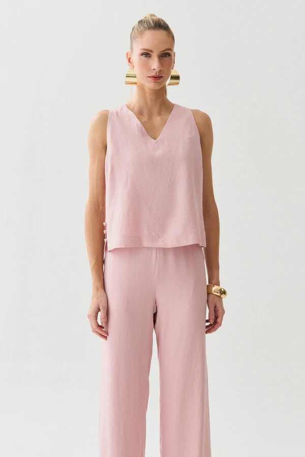 Conjunto de Blusa Regata Decote V Lateral Mini Botões Triple e Calça Reta