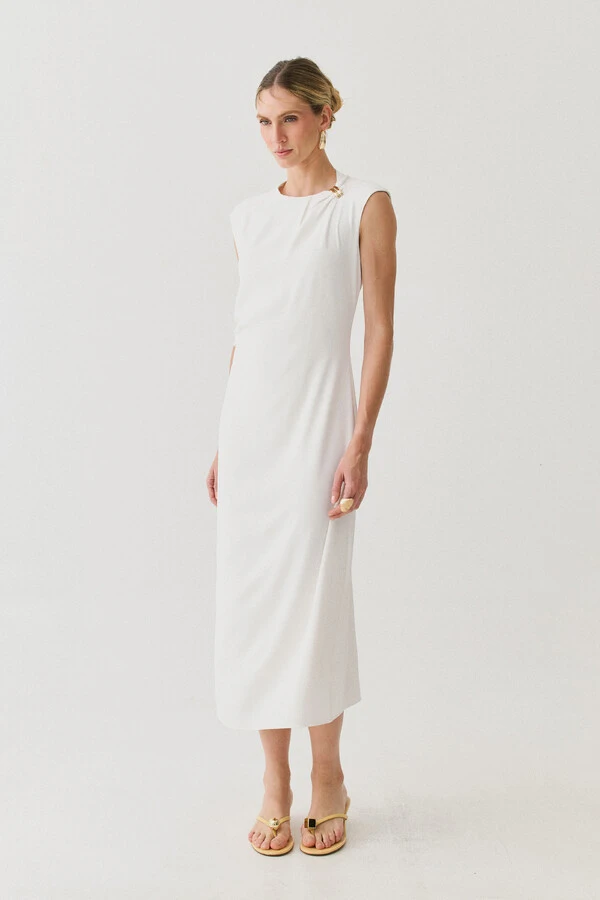 Vestido Midi Regata Assimétrica Decote Pregas Gold