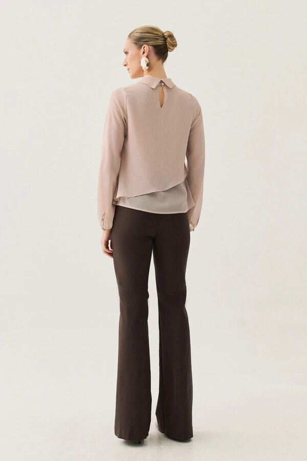 Blusa Dupla Transpassada Assimétrica de Chiffon Yoryu Manga Longa Gola Dobrada