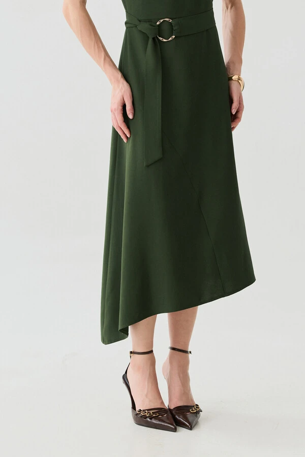 Vestido Midi Evasê Assimétrico Decote V Cinto Gold