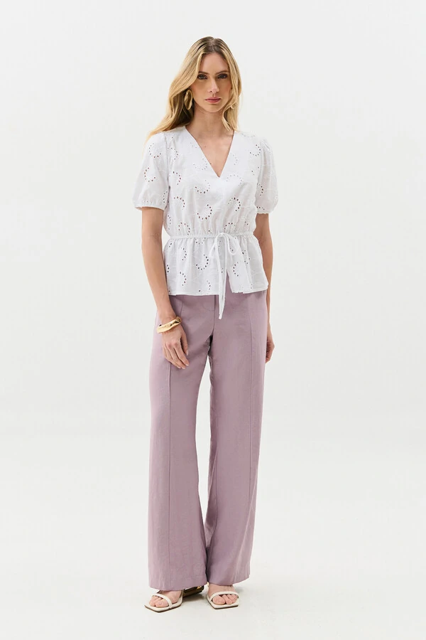 Blusa de Laise de Algodão Manga Bufante Elástico Decote V Cintura Elástico Laço