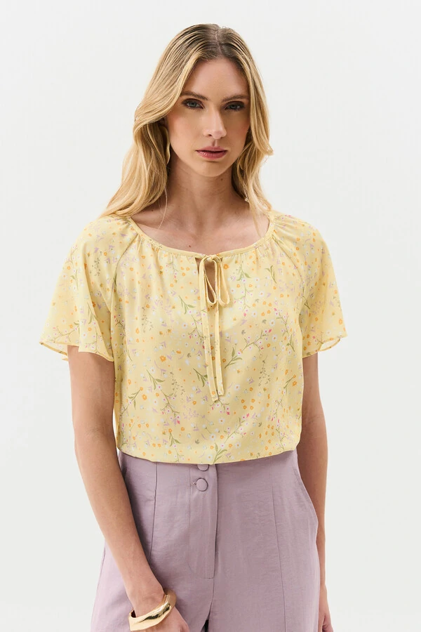 Blusa Floral Manga Raglan Decote Laço