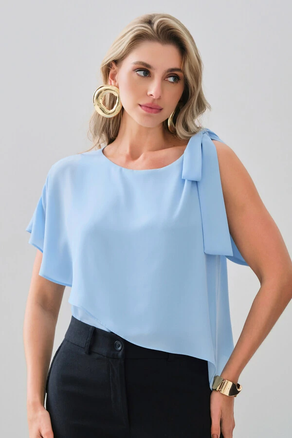 Blusa Assimétrica Dupla Transpassada Um Ombro Só Laço