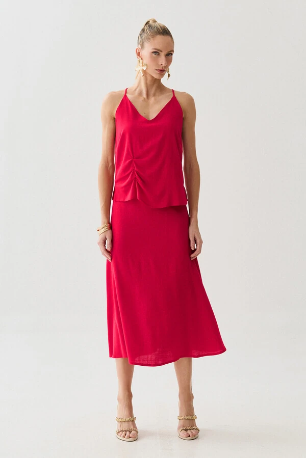 Conjunto de Blusa de Alcinha Assimétrica Decote V Lateral Pregas e Saia Midi Godê