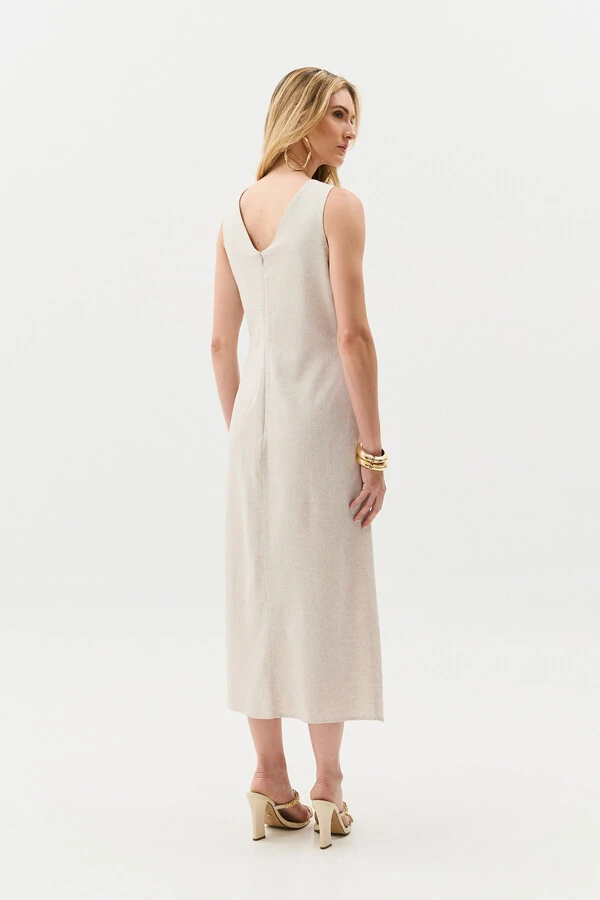 Vestido Midi Regata Transpassado de Linho Lateral Franzida Gold