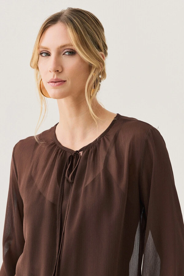 Blusa de Chiffon Yoryu Manga Longa Decote Gota Laço