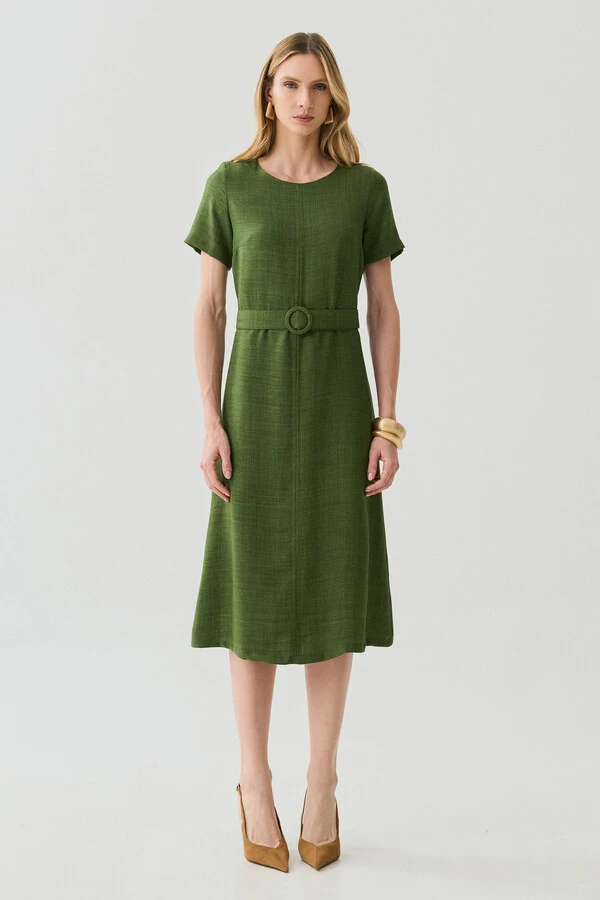 Vestido Midi Cinto Fivela Forrada